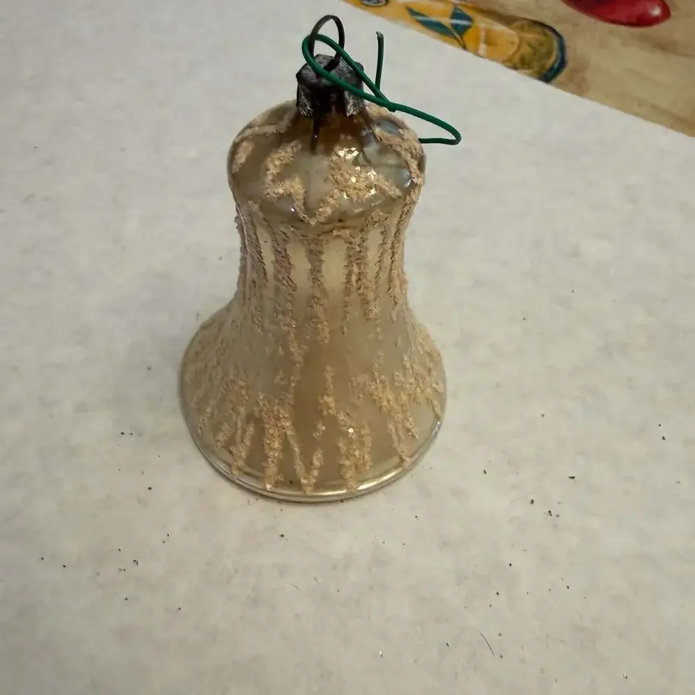 Vtg Blown Glass Bell Christmas Ornament with Gold Glitter Accents